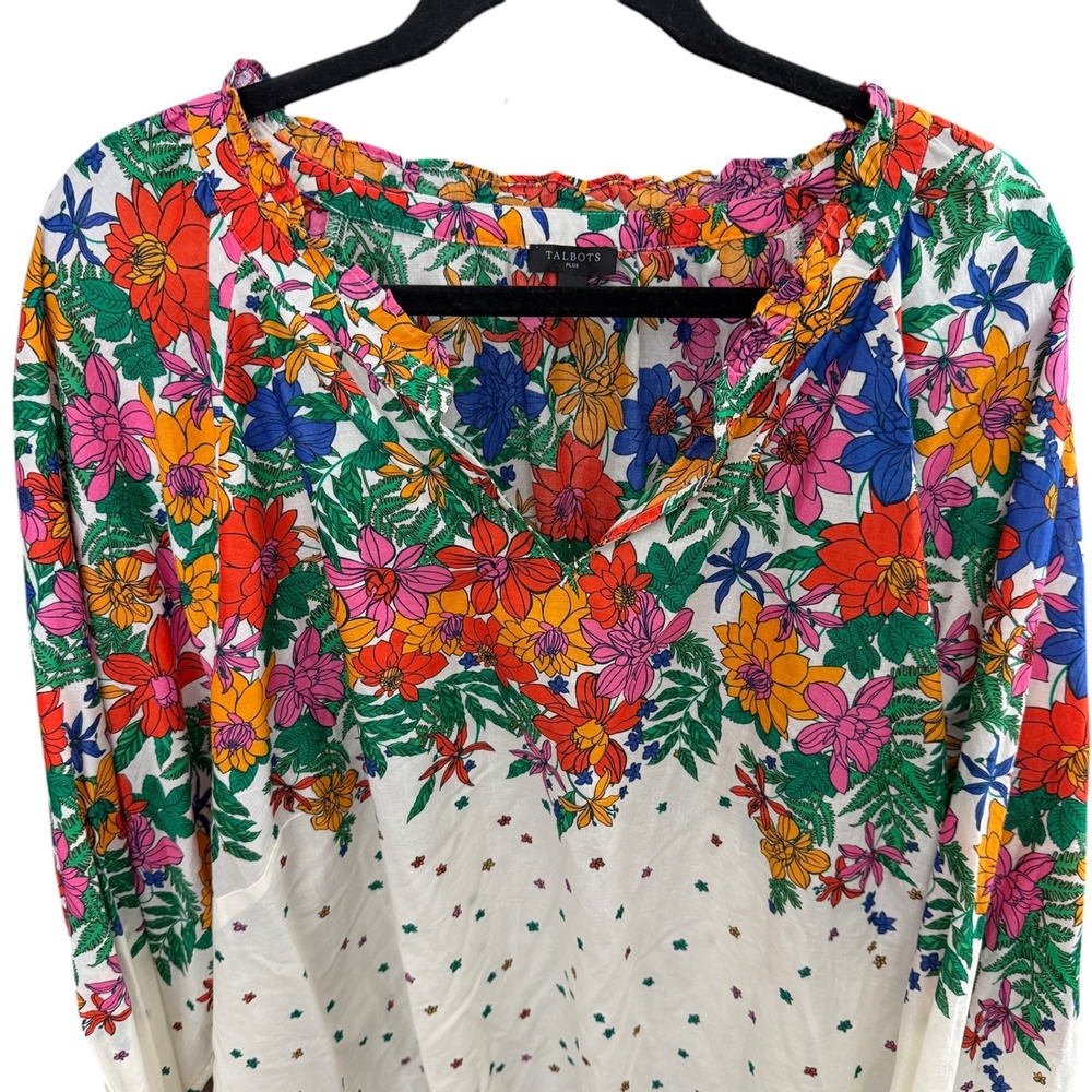 Talbots Blissful Floral Print Popover 3X White Multi Smocked Cuff Boho Blouse - Picture 3 of 9